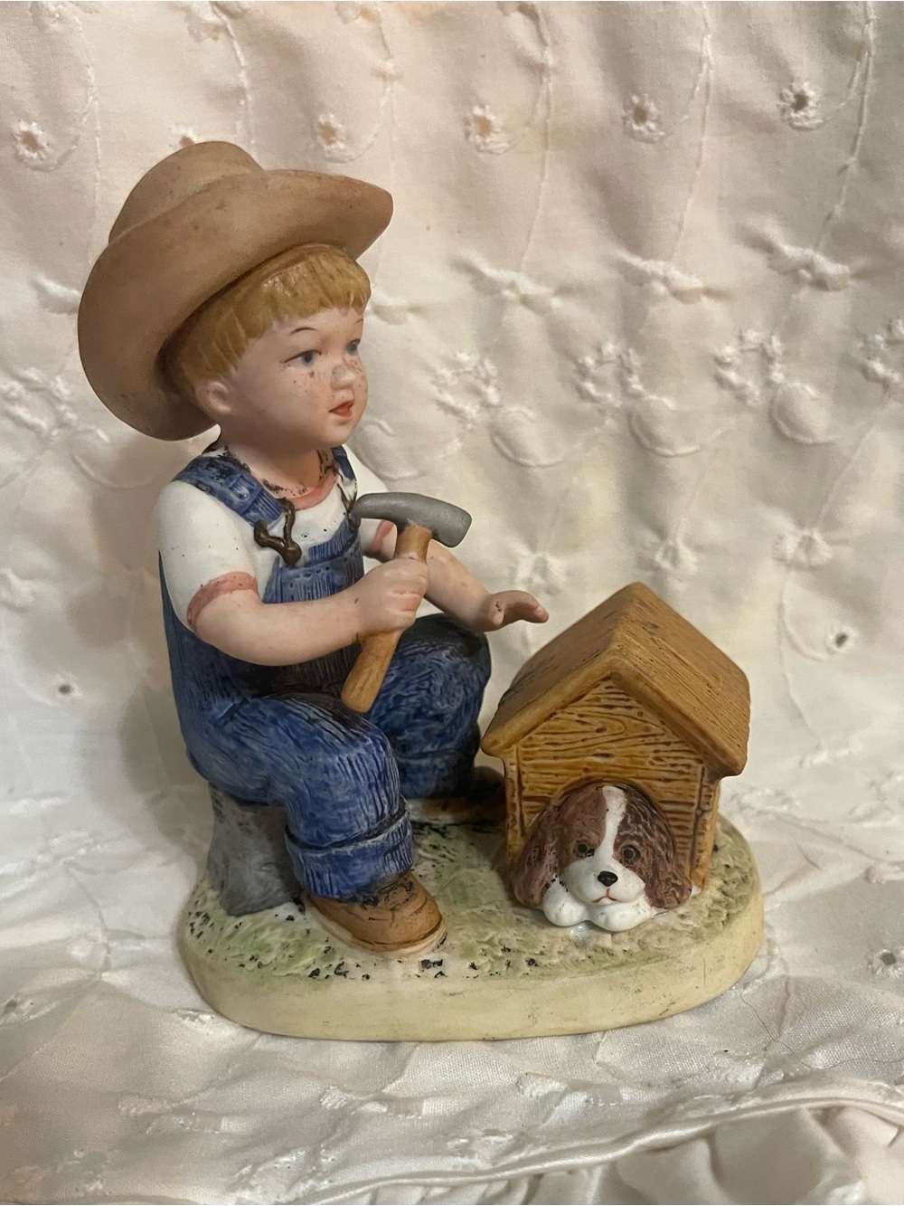 Denim Days Puppy Love Boy with Dog and Doghouse Porcelain Figurine HOMCO 1985